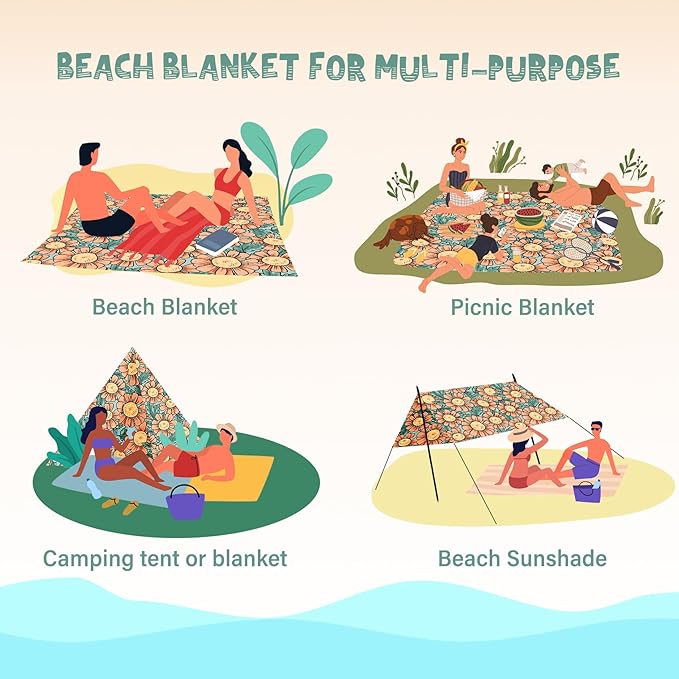 Beach Blanket Waterproof Sandproof 1-7 Adult Oversized 78 '' × 81 '' Lightweight Durable Compact Sand Free Beach Mat for Travel Camping Hiking Picnic Blanket Extra Large