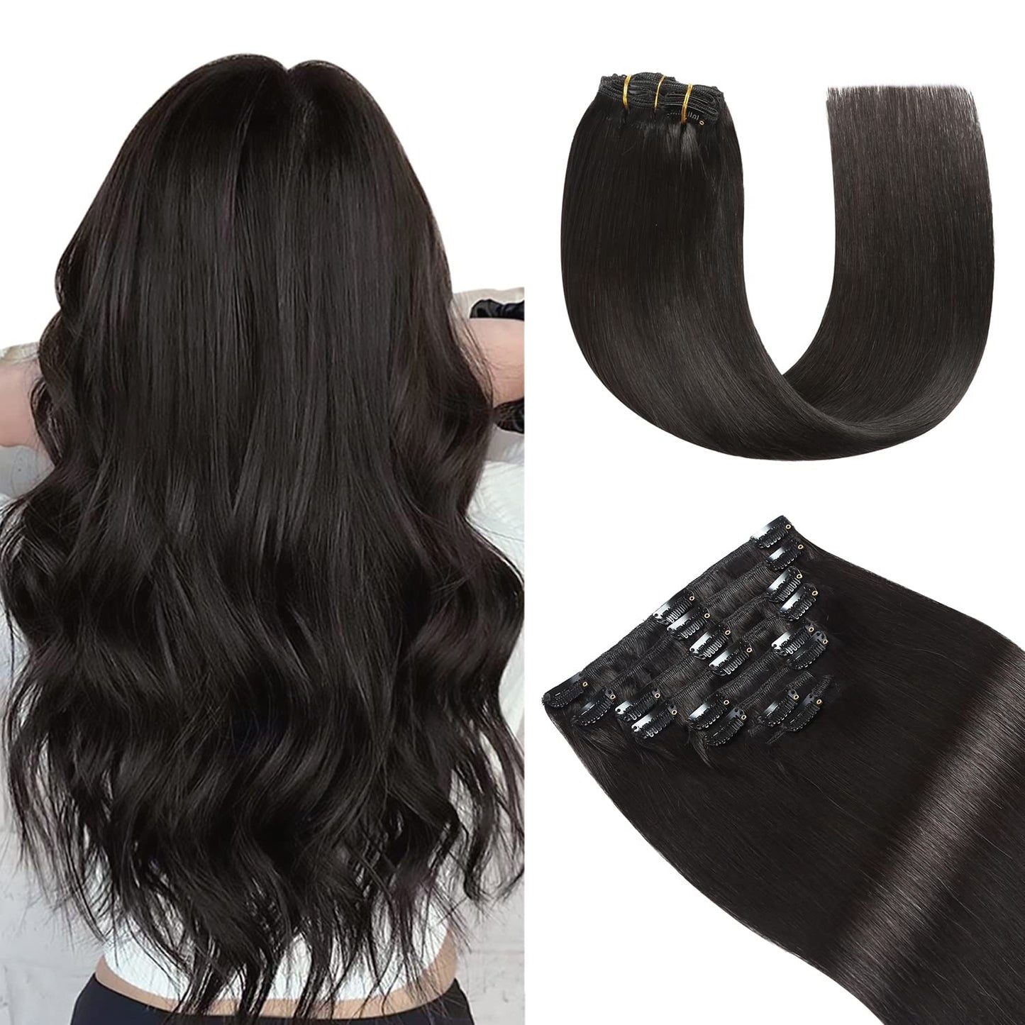 YILITE Real Hair Extensions Clip in Human Hair 8Pcs 120g Off Black Full Head Double Weft Invisible Straight Remy Clip in Hair ex