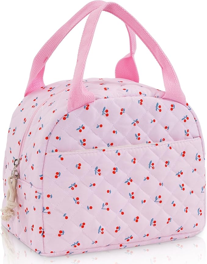 Lunch Bag for Women Insulated Lunch Box Reusable Cooler Bag Portable Cute Quilted Cotton Bag Leakproof Tote Bags for Travel, Work, and Picnic, Mini Cherry