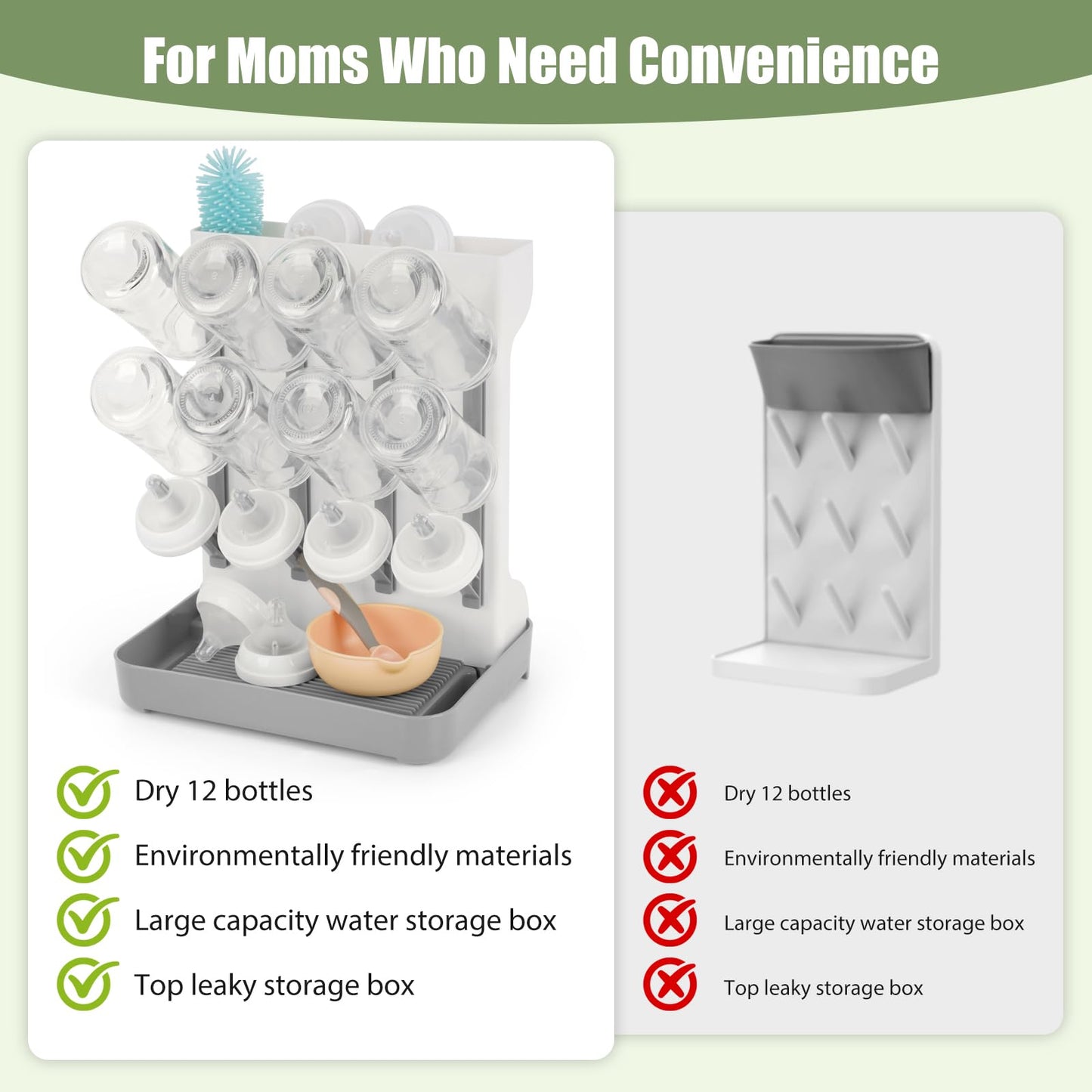 Flysich Baby Bottle Drying Rack, Space Saving Baby Bottle Organizer for Countertop, Vertical Bottle Dryer Holder with Brushes Holder, Large Bottle Storage Holder 12 Bottles & Baby Accessories Grey