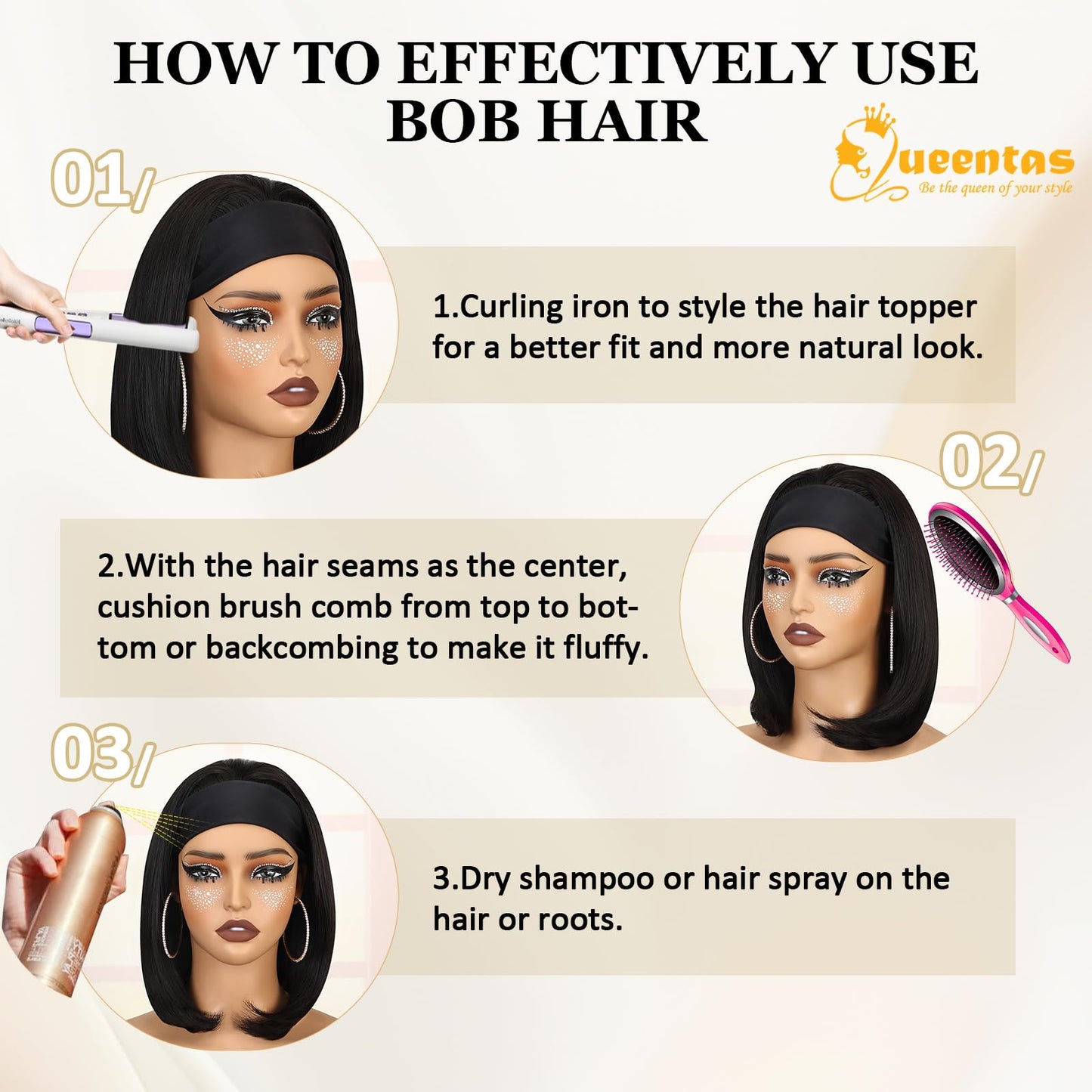 QUEENTAS 13 Bob Headband Wigs for Black Women Natural Black Bob Straight Hair Synthetic Headband Wigs Shoulder Length No Lace Ea