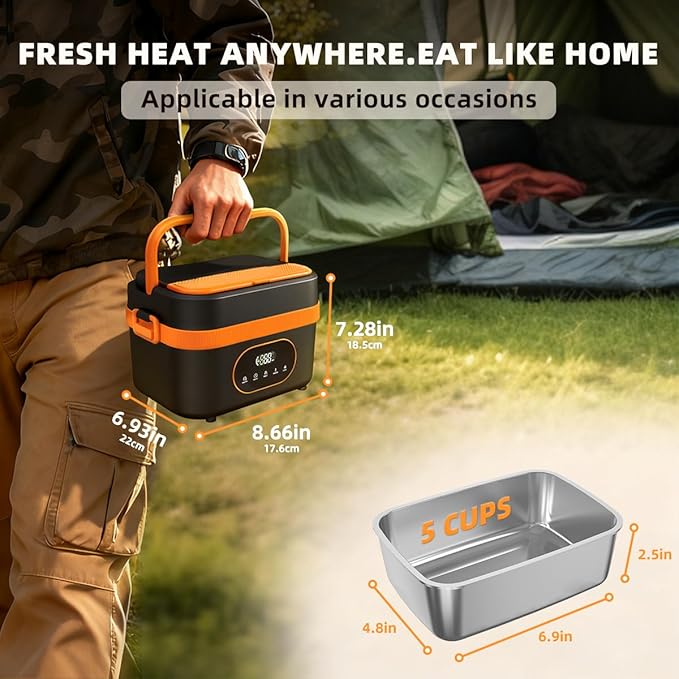 Cordless Electric Lunch Box,20000mAh Heated Lunch Box Rechargeable Battery Powered Self-Heating Food Warmer,1.5L Large Capacity Portable for Car,Work,Office,Travel,Picnic&Outdoor (Black & Orange)
