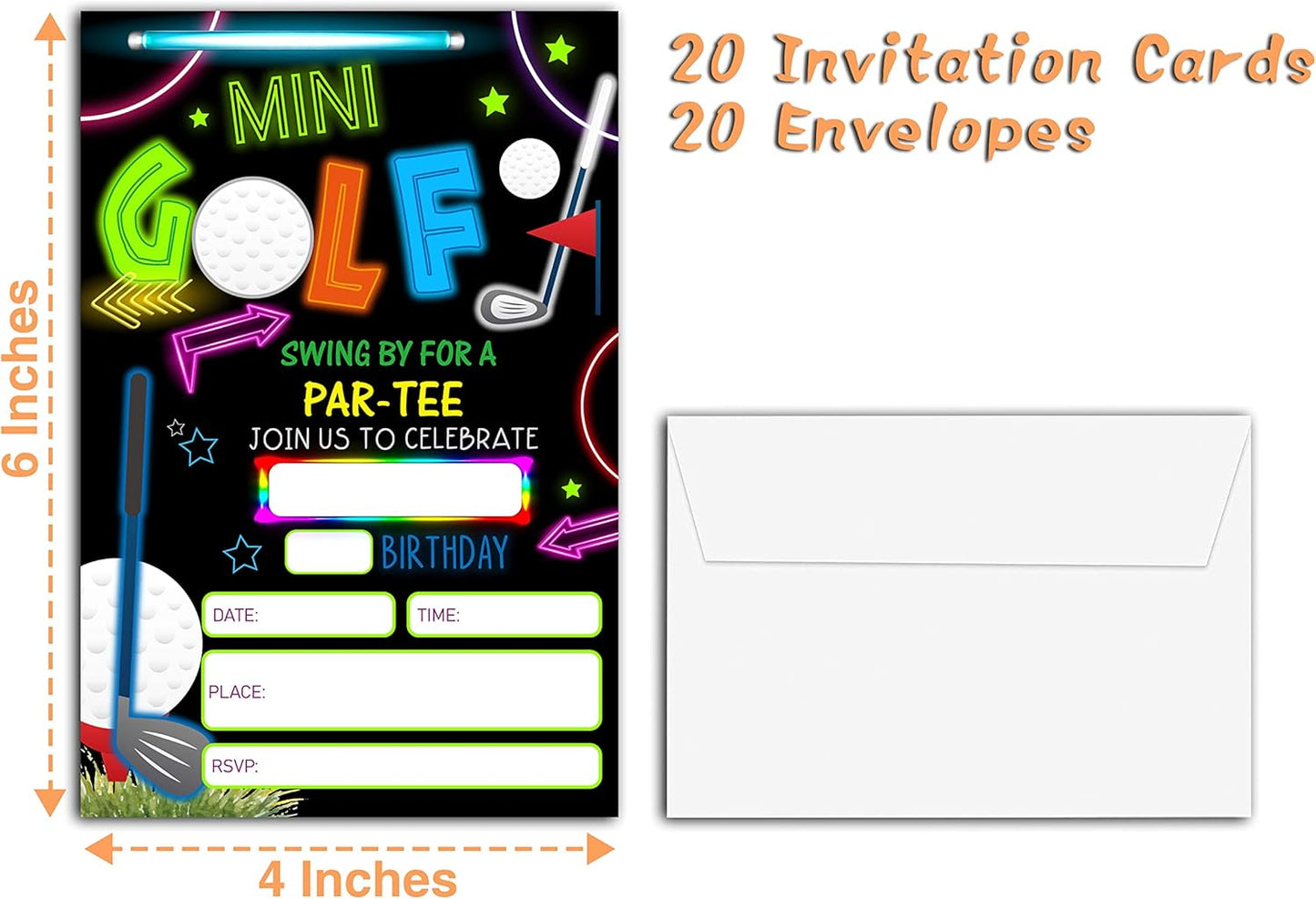 Mini Golf Invitation Birthday Party Invitations, 20-Count Neon Glow Gloss Arcade Laser Sport Theme Birthday Party Invites With Envelopes-HBYQK-B01