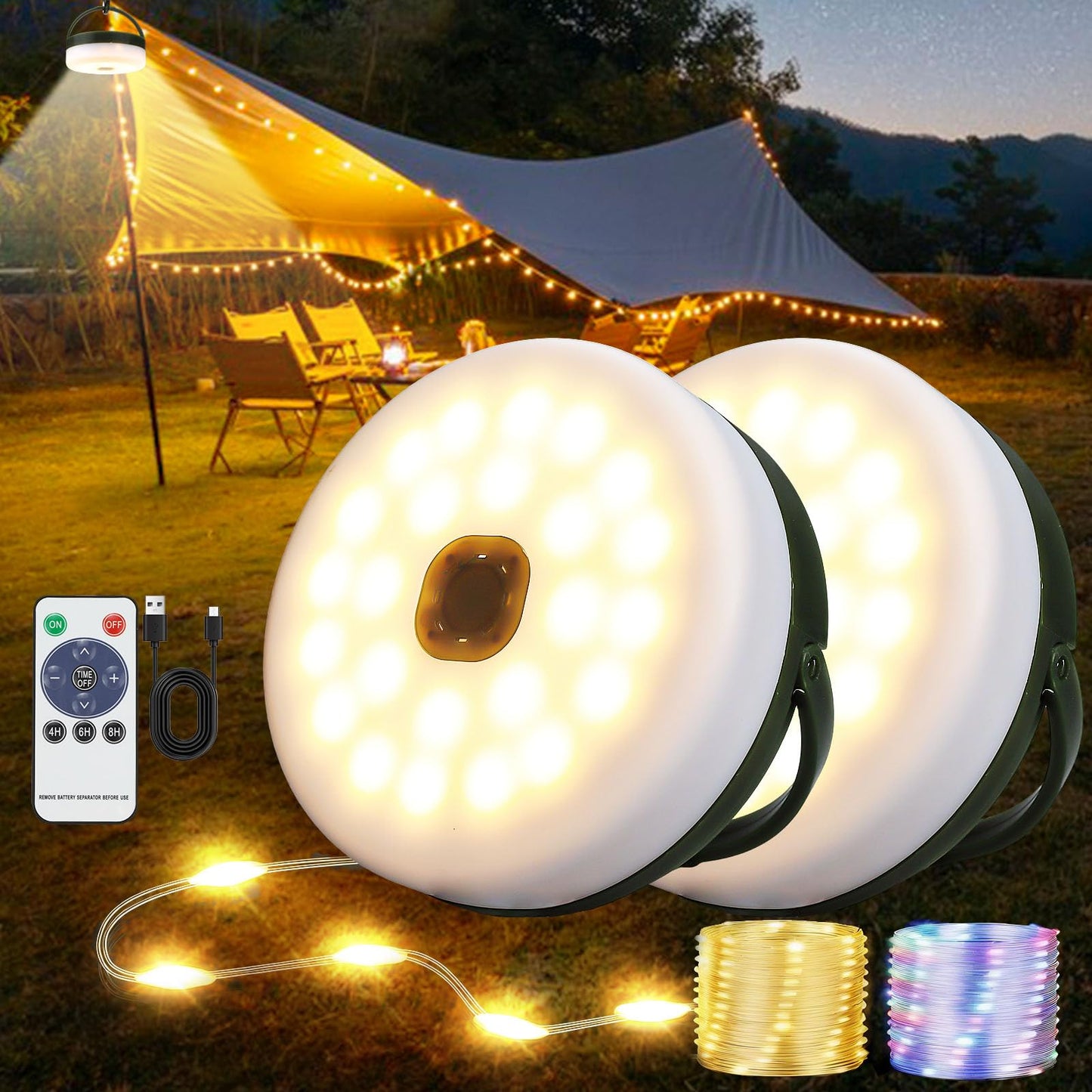MDCMLKS 2-Pack Camping String Lights, Remote Control, 14 Lighting Modes, USB Rechargeable, 32.8ft Waterproof, Model CSL-2