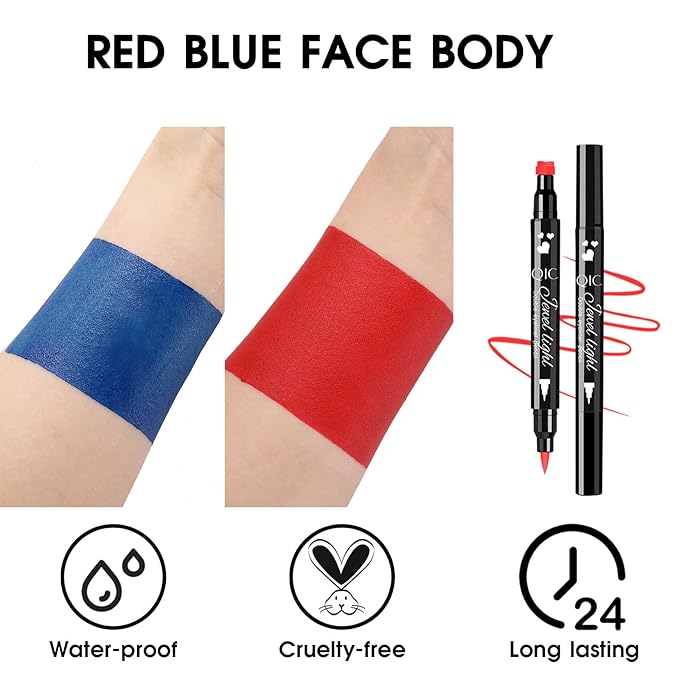 BADCOLOR 3PCS Red Blue Face Body Paint Stick Makeup for Harley/Joker SFX Cosplay & Dress Up, Red Liquid Eyeliner Stamp Pen for Clown Costume Cosplay