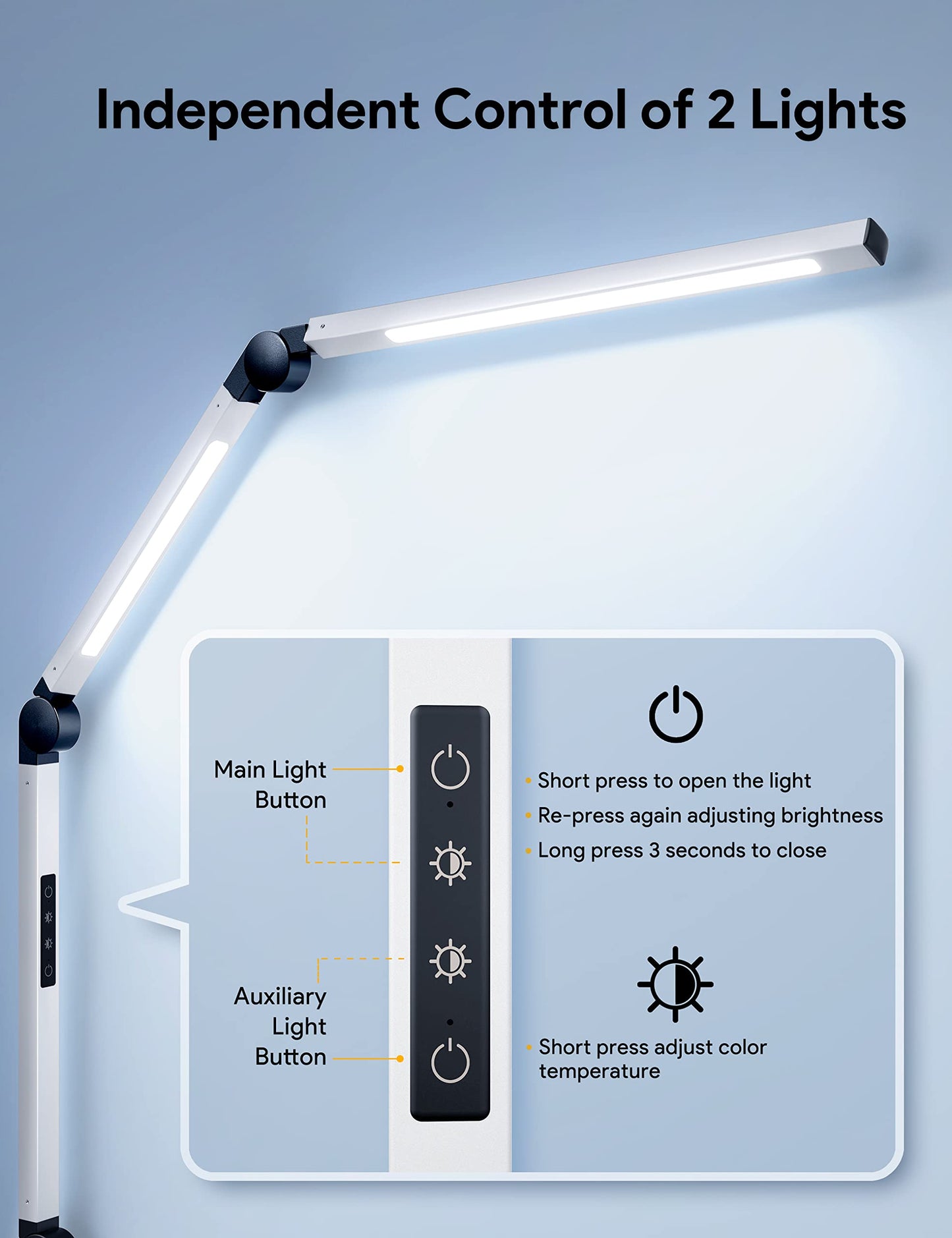 MediAcous LED Desk Lamp with Clamp, Dimmable 4 Color Modes, Swing Arm, White, Model ME-DL02