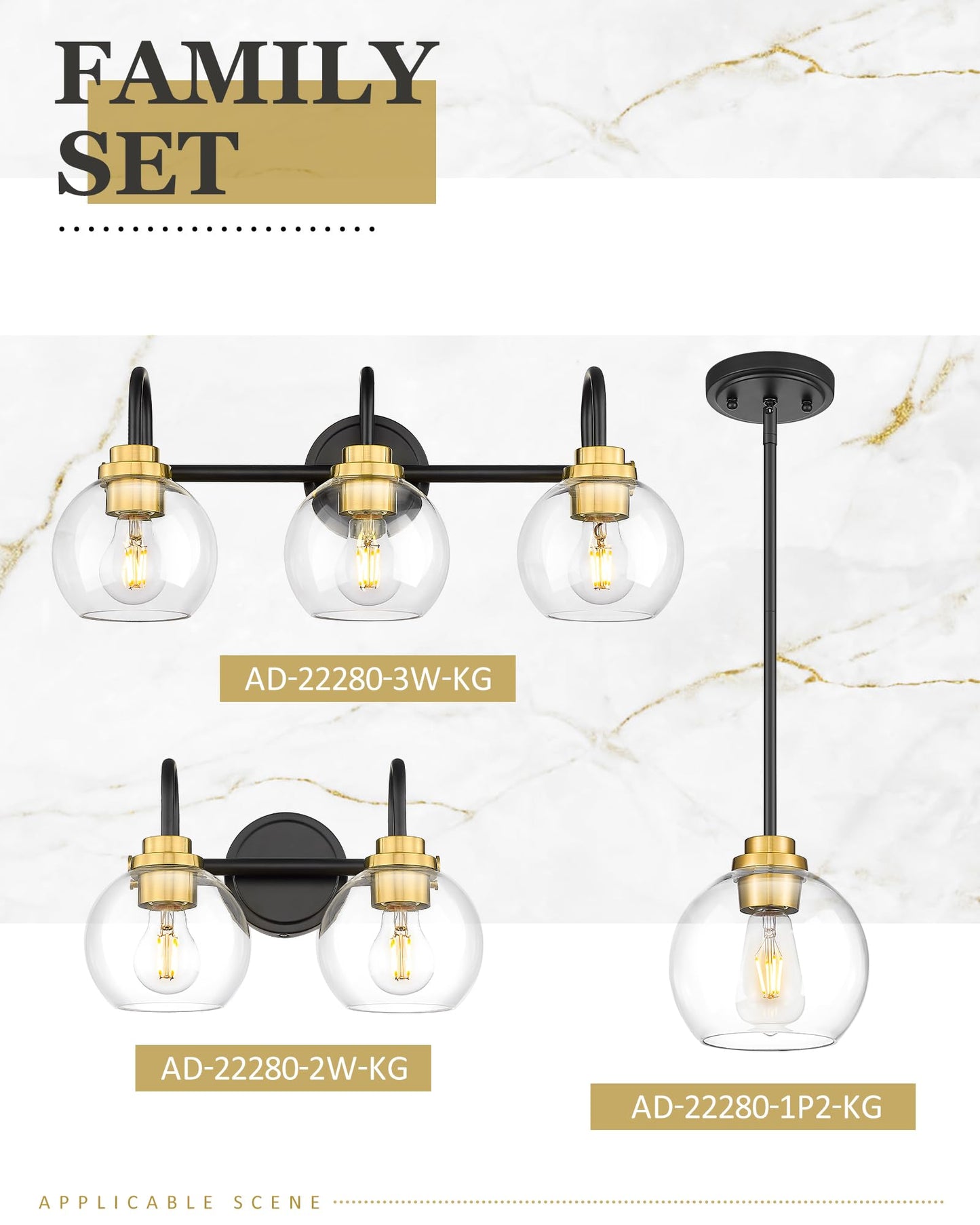 Audickic Bathroom Light Fixtures  3-Light Black And Gold Vanity Lights With Globe Clear Glass  Modern Vanity Lighting Fixtures Over Mirror  Ad-22280-3W-Kg