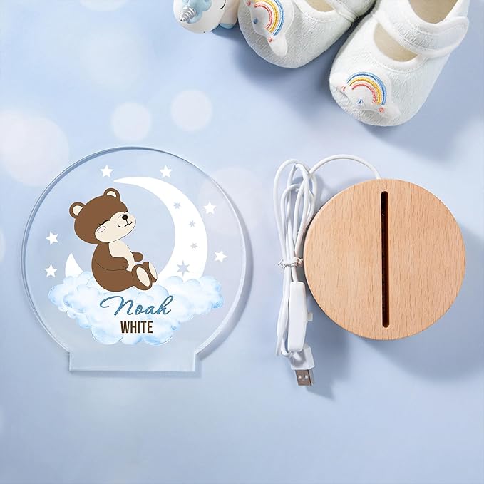 callie Acrylic Night Light Name Plate Personalized, Custom Cute Animal Dog Cat with Wooden Base Bedroom Decor, Birthday Gifts Kid Gifts for Family (Dreamy Moon Forest)