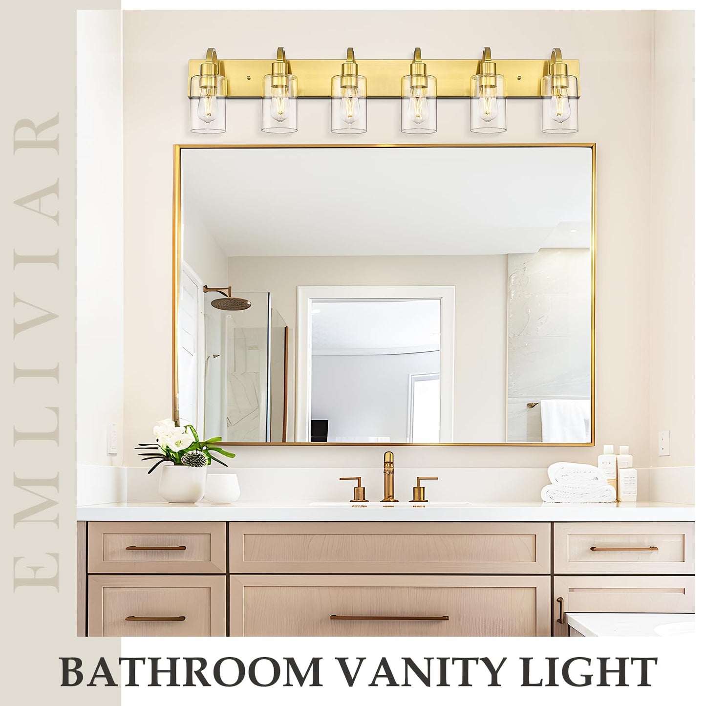 Emliviar Large 6-Light Vanity Lighting For Powder Room  44.7 Inch Wall Lamp Over Mirror With Clear Glass Shade  Brushed Gold Finish  Yce237B-6W Bg