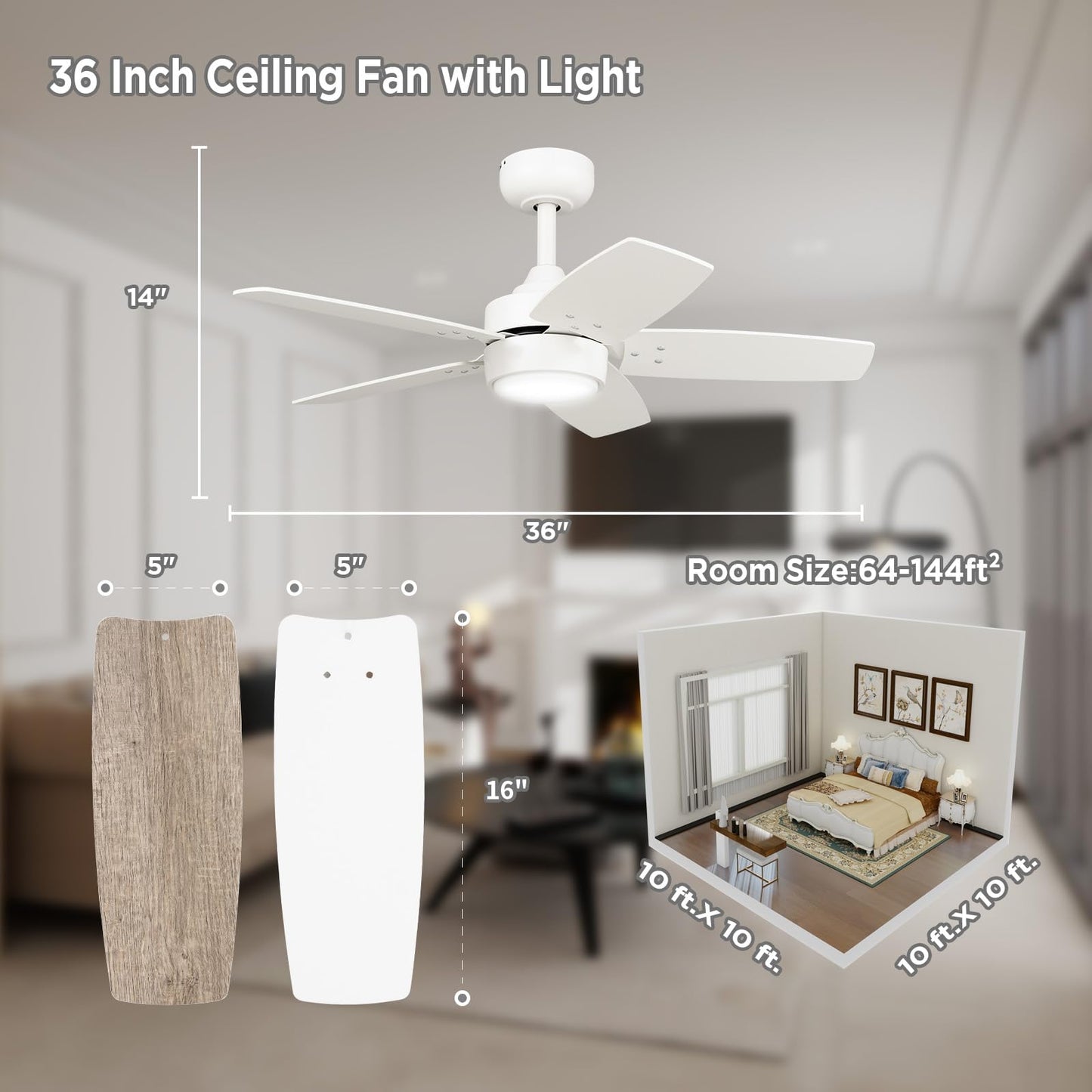 Vagizm Ceiling Fan 36 For Small Room: Matte White Modern Fans With Light Remote Control - Reversible Quiet Dc Motor Dimmable W