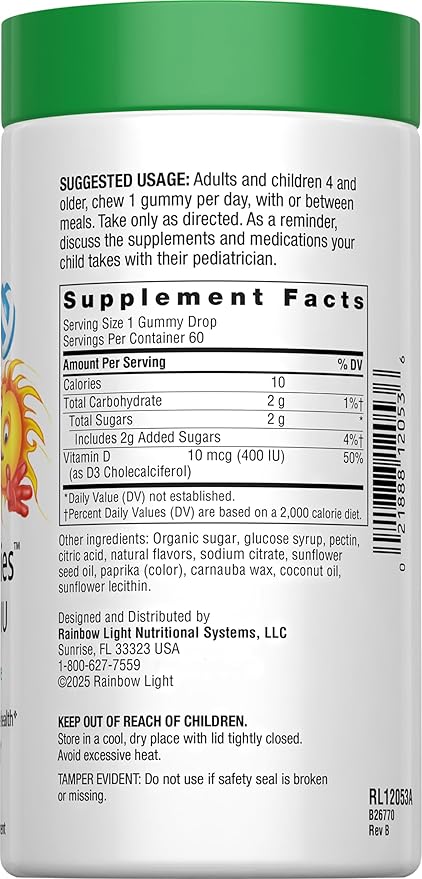 Rainbow Light - Sunny Gummies Vitamin D3 400 IU, Support for Healthy Bones, Muscles, and Immunity in a Family-Friendly Chewable with Vitamin D3, Soy-Free, Gluten-Free, Tangy Tangerine, 60 Gummy Drops