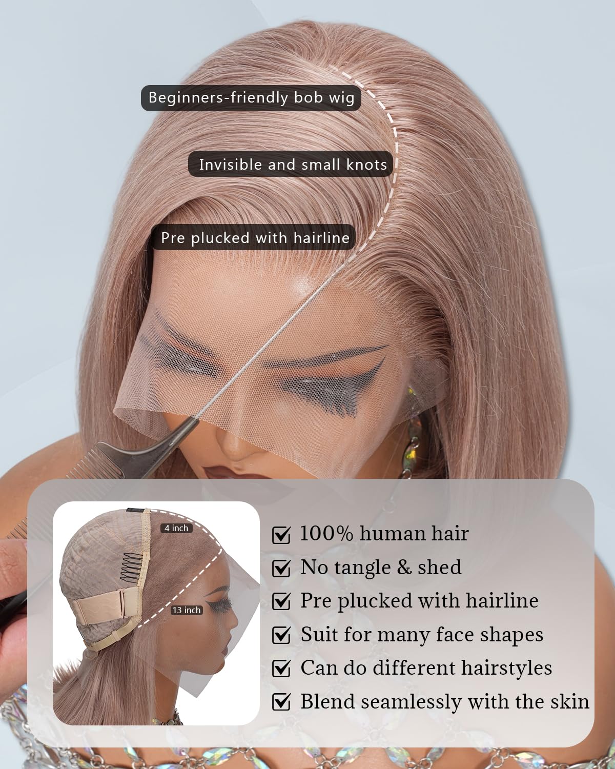 Geomone Ash Blonde Bob Wig Human Hair 180 Density 13x4 Transparent Lace Frontal Wigs Pre Plucked Colored Wigs Human Hair 8 Inch