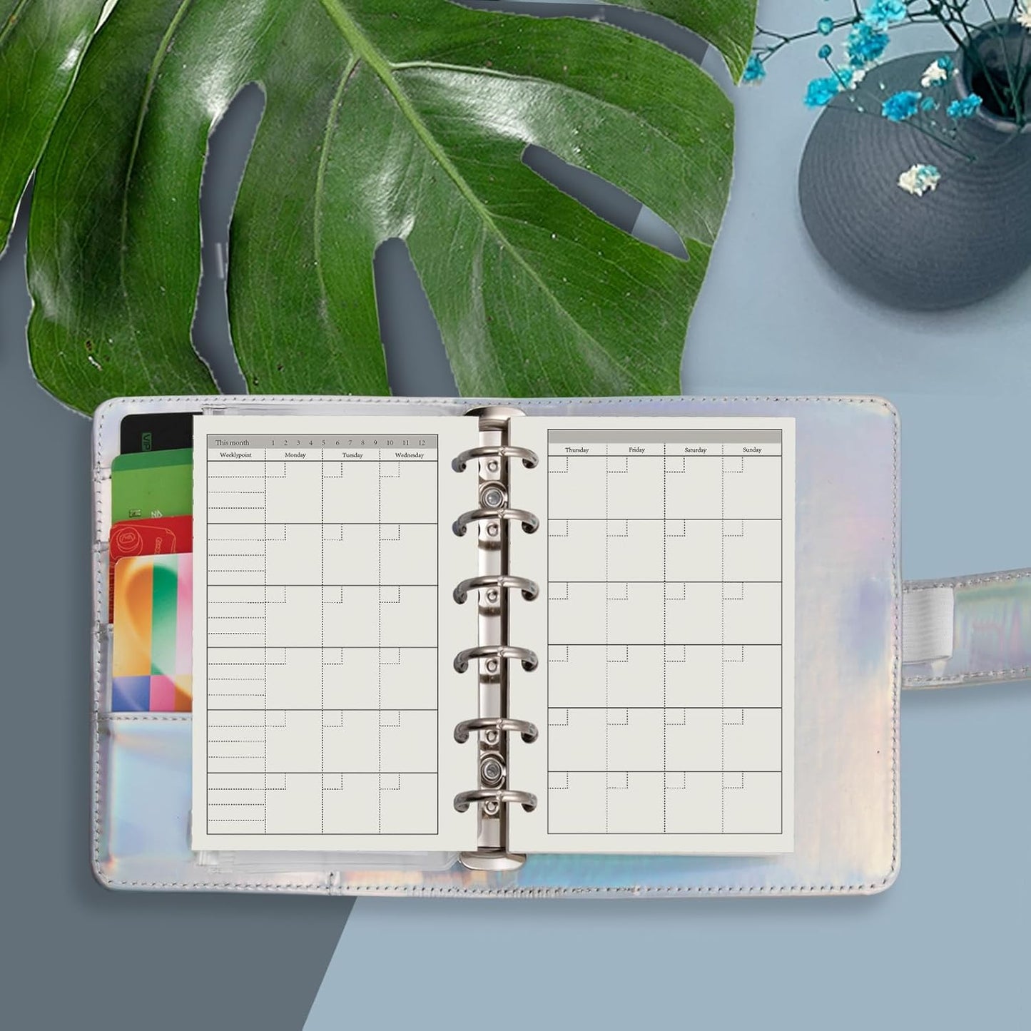 Harphia A7 6 Holes Binder Refill Value Set, 90sheets monthly plan loose leaf paper with stickers and dividers, planner insert with binder pockets for A7 binder 6 holes refillable notebook,005dA7month