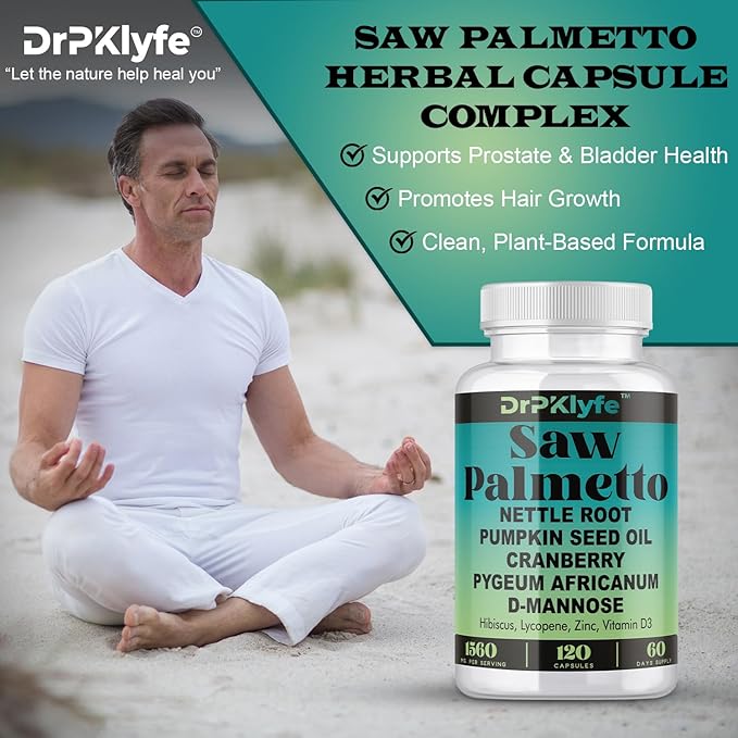 Saw Palmetto Capsules for Prostate, Bladder & Hair Health – Includes Nettle Root, Pumpkin Seed, Cranberry, D-Mannose, Pygeum, Hibiscus – 120 Capsules (60-Day Supply)