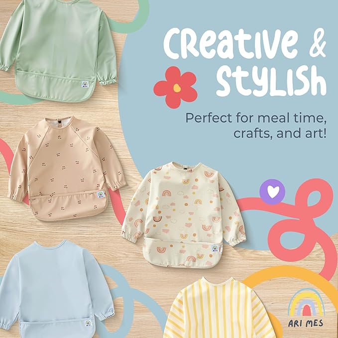ARI MES Long Sleeves Waterproof Baby Bibs for Eating - Green Stripes, Large- Wearable, Coverall for Toddler, Long Sleeve Bib, Smock Apron for Feeding - Applicable for 6-72 Months