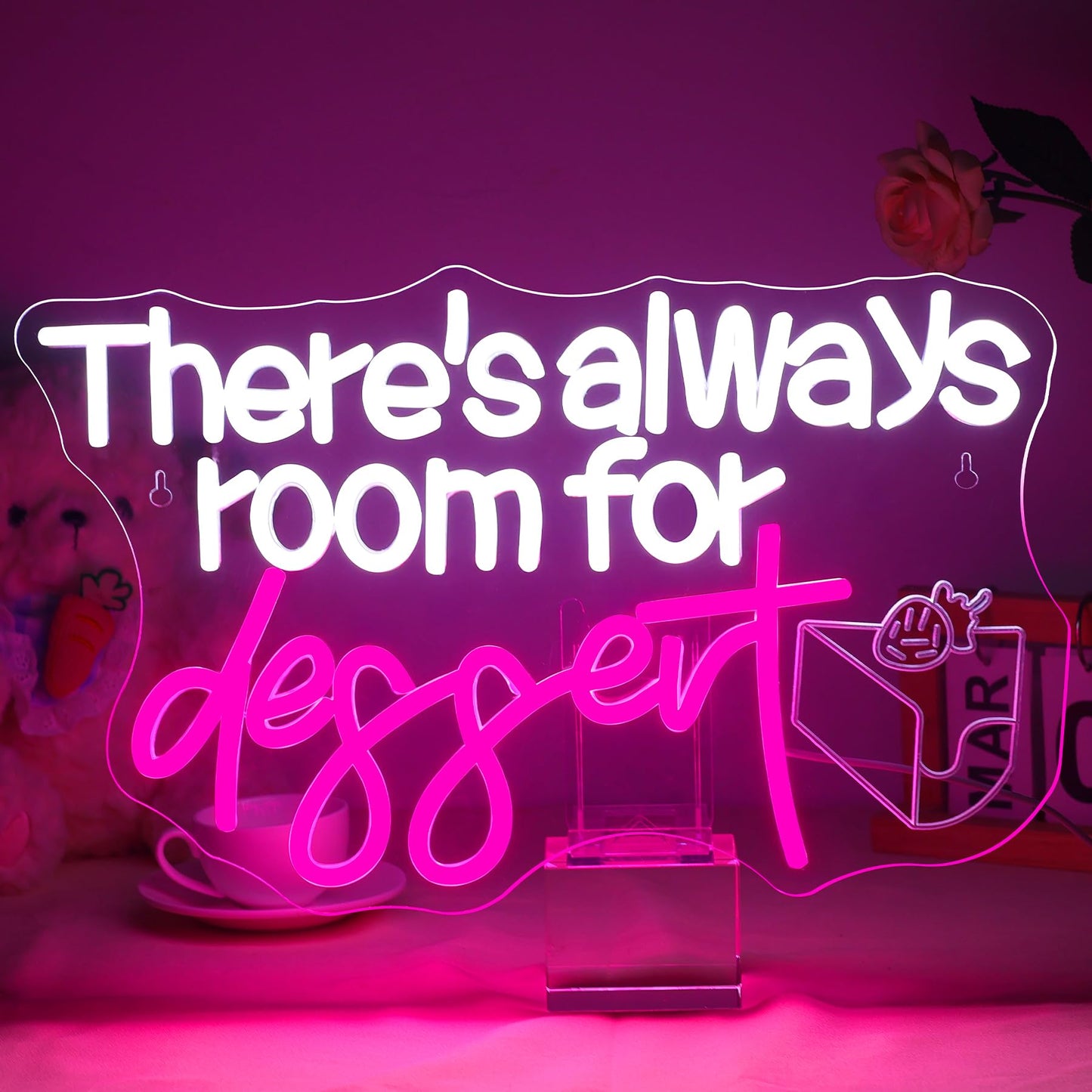 Nosun ThereS Always Room For Dessert Neon Sign Led Bar White Text Treat Yourself For Snack Candy Dessert Flower Bar Bedroom Wall Decor Wedding Birthday Party Home Room Gift