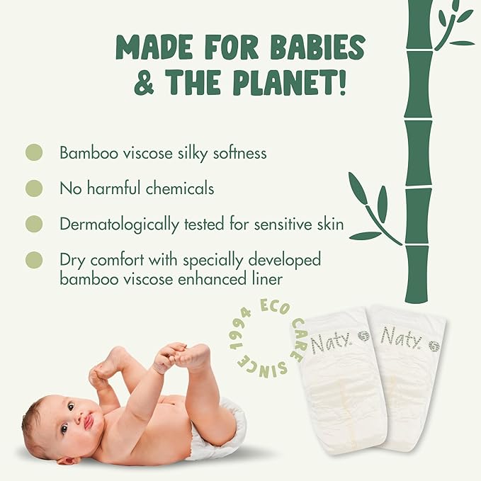 Naty Bamboo Viscose Baby Diapers – Silky Soft, Plant Based, Dermatologically Tested for Sensitive Skin & Super Absorbent (Size 5, 132 Count)