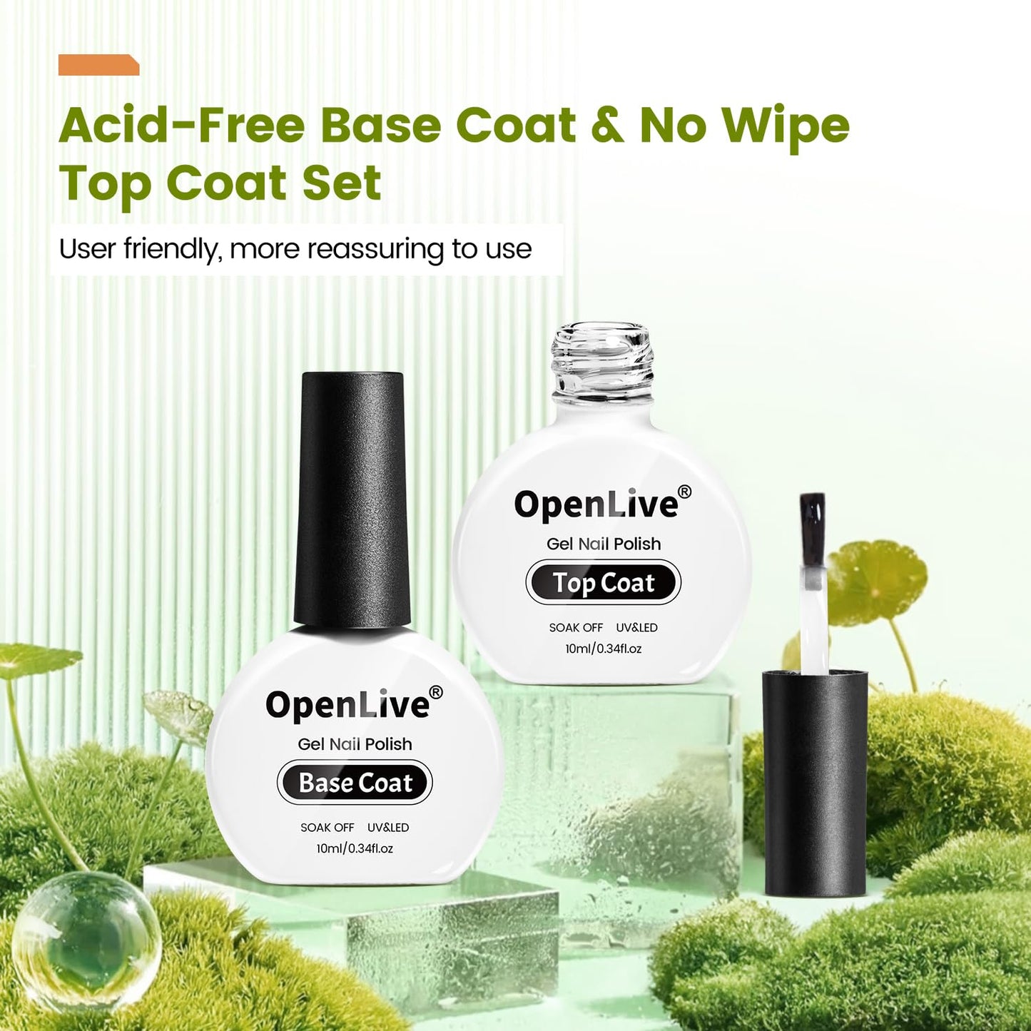 OpenLive 2 Bottle 10ml Gel Base Coat and Top Coat Set - No Wipe Quick Drying Long Lasting Glossy Gel Polish for Home DIY and Sal