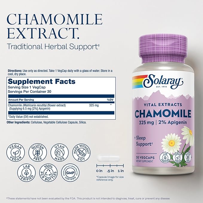 SOLARAY Chamomile Extract and Mega Vitamin B Stress - Herbal Support w/Apigenin - Timed Release Vitamin B Complex for Cellular Energy, Immune Support w/Vitamin B12, Folic Acid, Vitamin C, 30/40 Serv