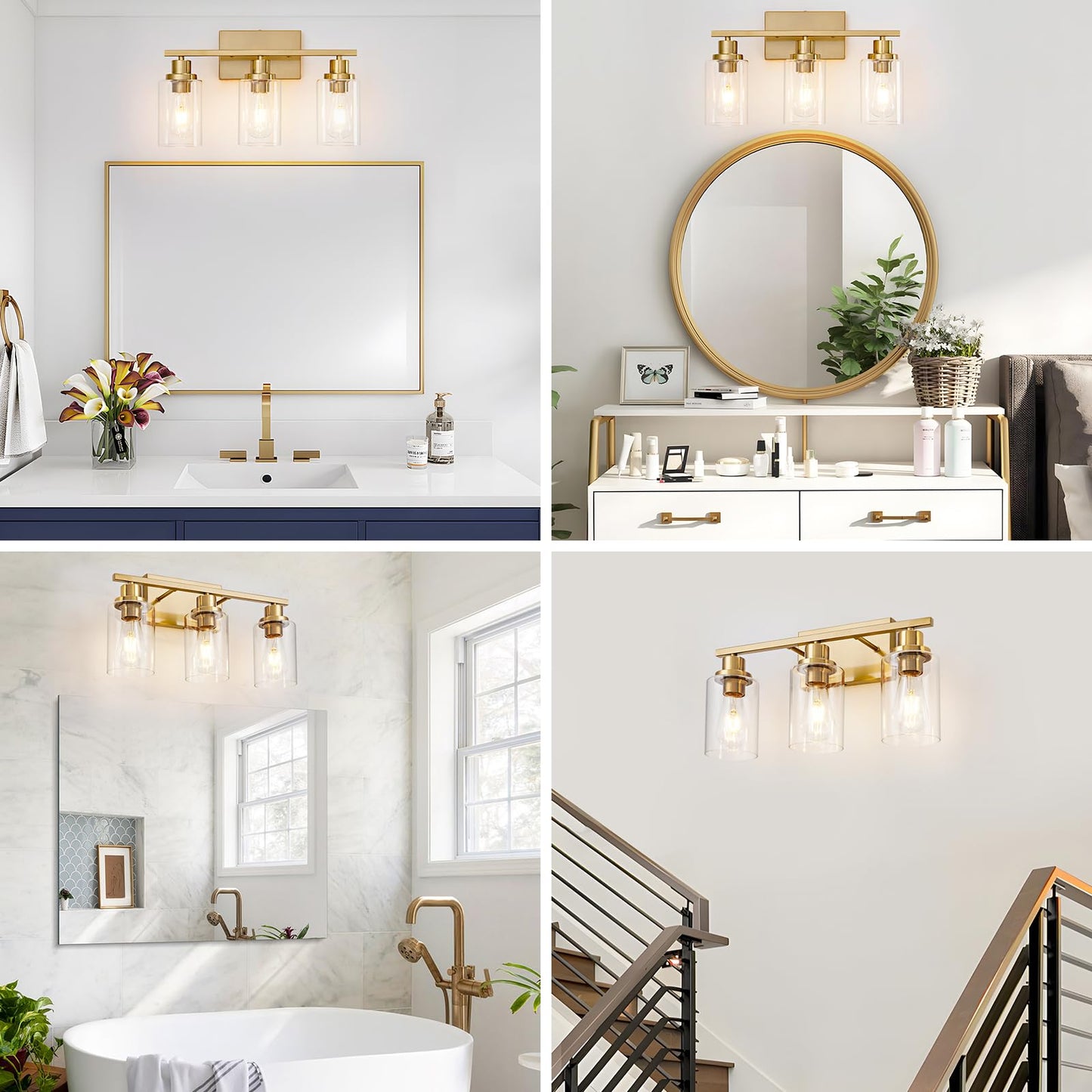 Hccz 3-Light Bathroom Vanity Light Fixture, Brushed Brass, Glass Shade, Model 800-100-1077, Modern Farmhouse Wall Sconce For Home