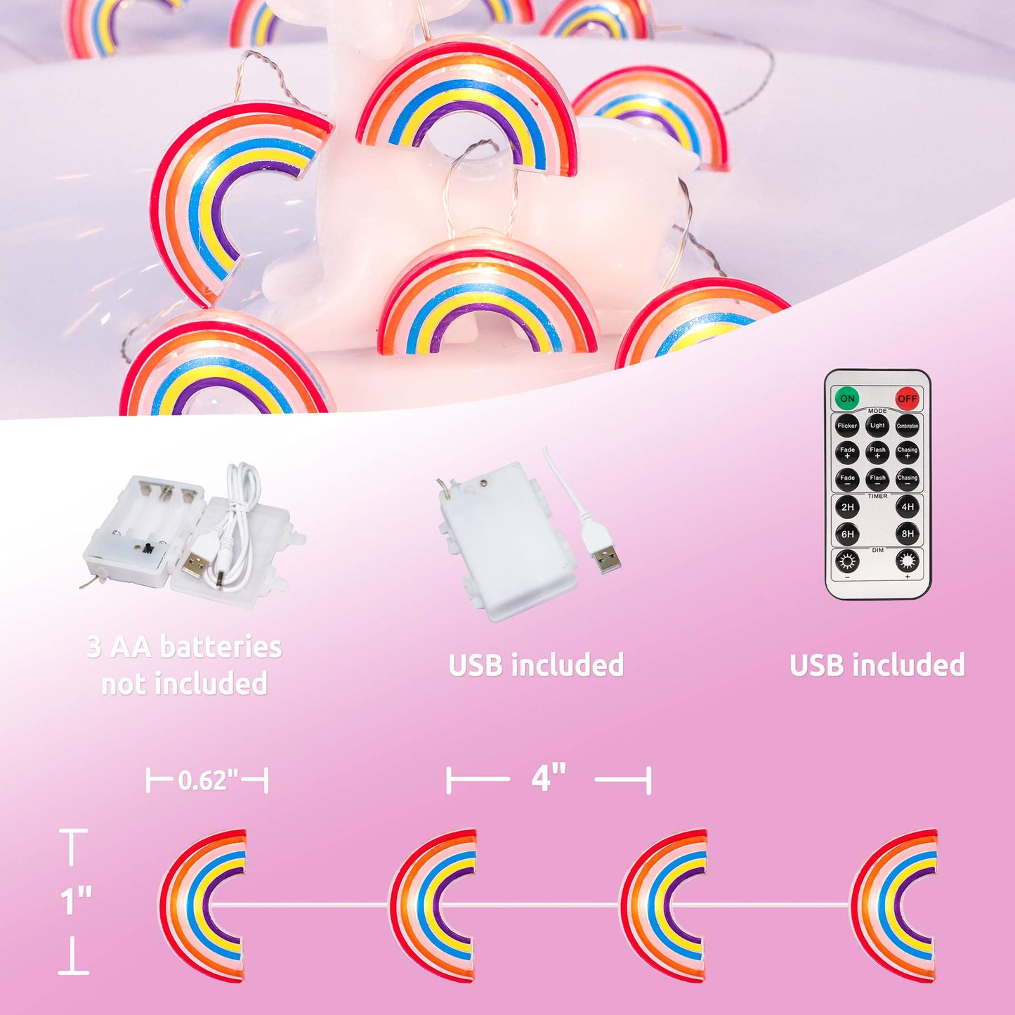 FLAVCHARM Fairy String Lights 10FT 30LEDs Rainbow USB/Battery Operated Remote Control for Home Party Garden Decor Model F-Y135-RBW