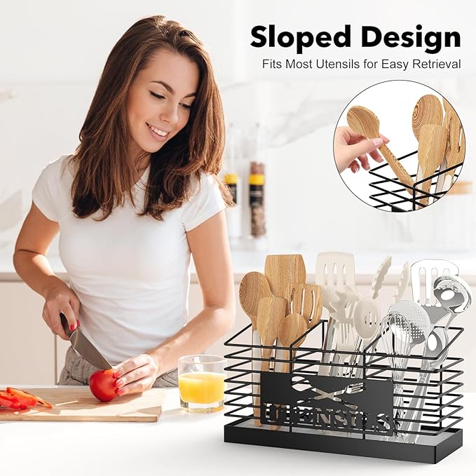 Large Utensil Holder for Kitchen Counter with Fast-Drying Diatomaceous Earth Base, Wall Mountable Metal Utensil Organizer, 3-Compartment Cooking Tools and Silverware Storage Rack, Black