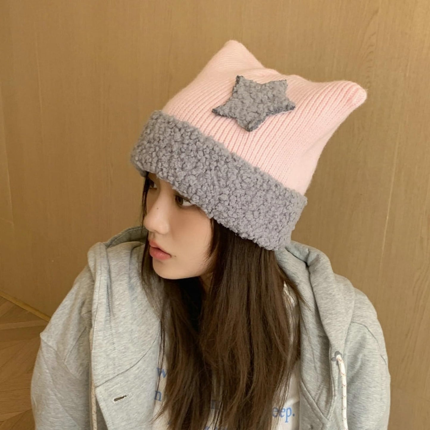 Cute Crochet Hat for Women Y2K Knit Hat Kawaii Beanie Cat Ear Grunge Fairy Slouchy Headgear Accessories (Pink-Grey)
