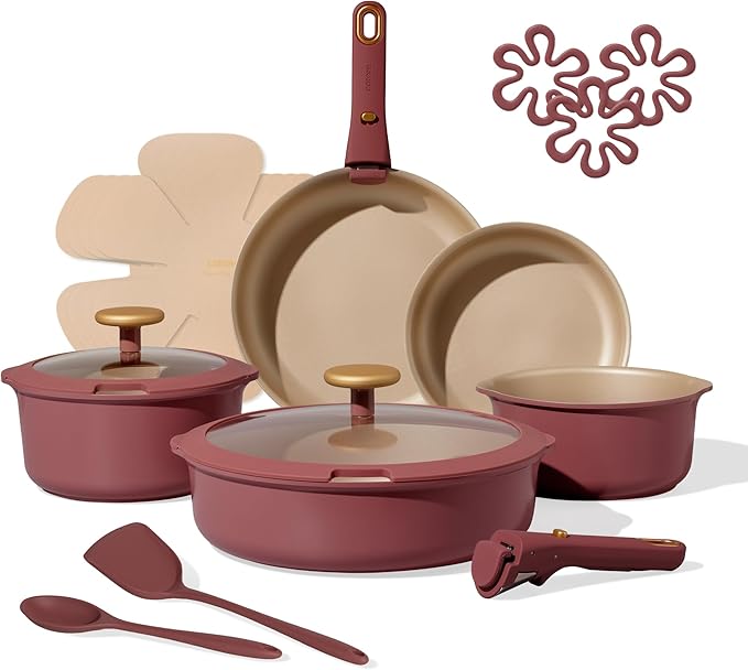 CAROTE 18Pcs Titanium Reinforced Nonstick Pots and Pans Set, Nonstick Cookware Set with Detachable Handle, Induction Kitchen Cookware Sets Removable Handles, Dishwasher Safe, Oven Safe, Red