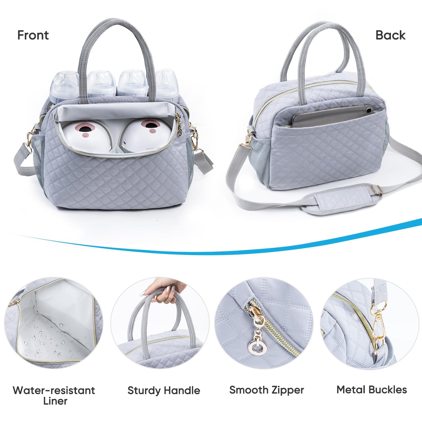 Breastmilk Cooler Travel Bag with 2 Wipes Dispensers & Ice Pack - 6 Bottle Cooler for 9 Oz - Breast Pump & Storage Bag for Daycare