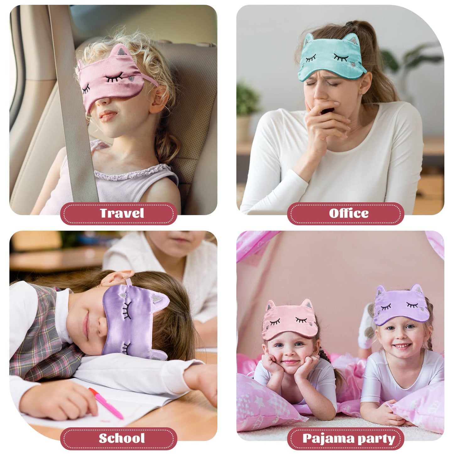 Haysandy 3 Pieces Sleep Mask for Kids Girls Cute Cat Sleeping Eye Cover Soft Mask Comfortable Funny Animal Night Eye Blindfold Cover for Kids Girls Women Home Travel(Silk Cat)