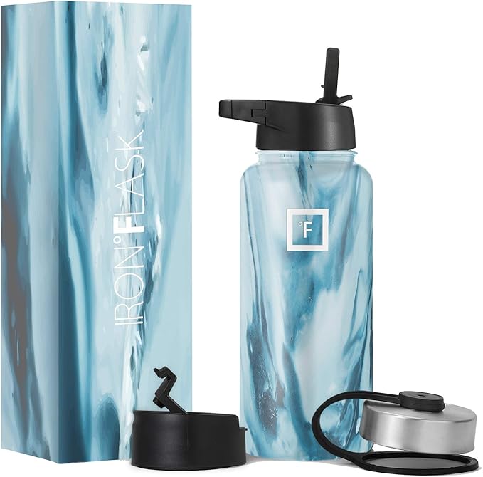 IRON °FLASK Camping & Hiking Hydration Flask, Wide Mouth, 3 Straw Lids, Stainless Steel Outdoor Water Bottle, Double Walled, Insulated Thermos, Metal Canteen - Ocean, 32 Oz