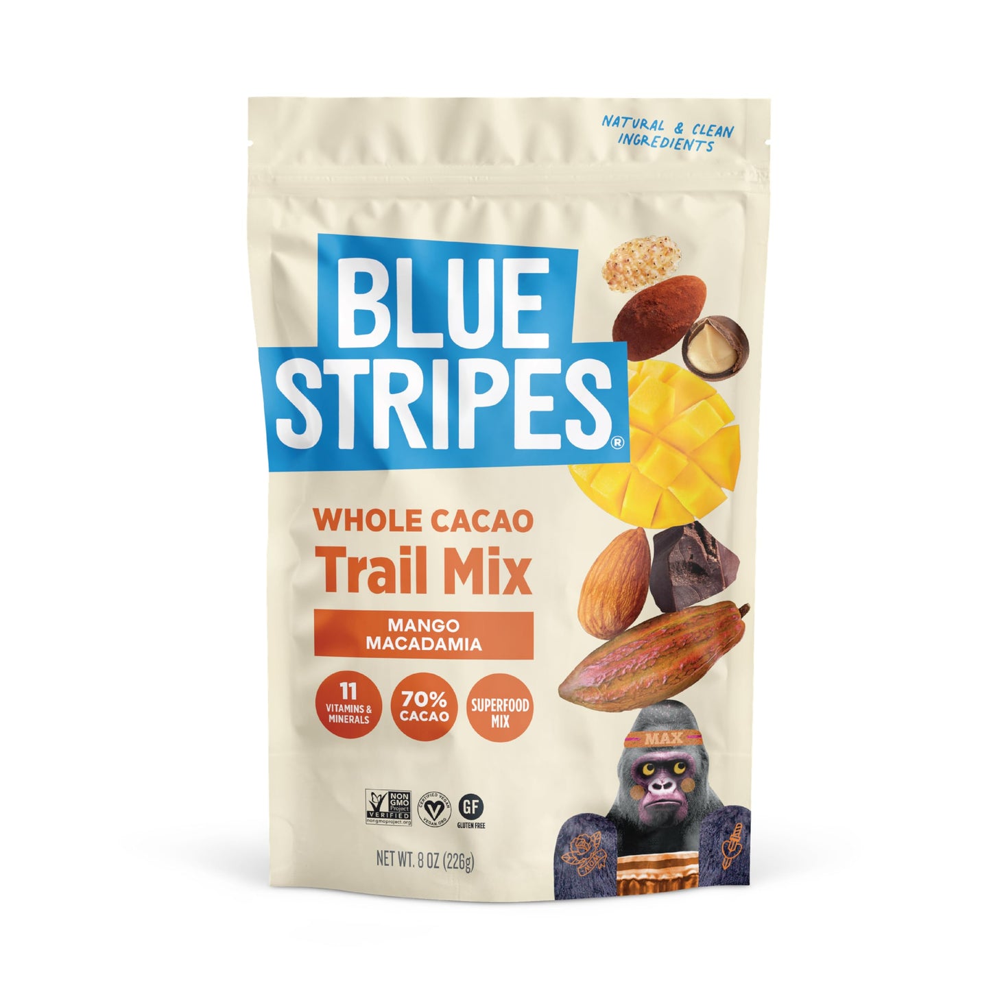 Blue Stripes - Trail Mix, 70% Chocolate Chips, Almonds, Macadamia Nuts, Mango, Healthy Snacks for Adults, Whole 70% Cacao, With