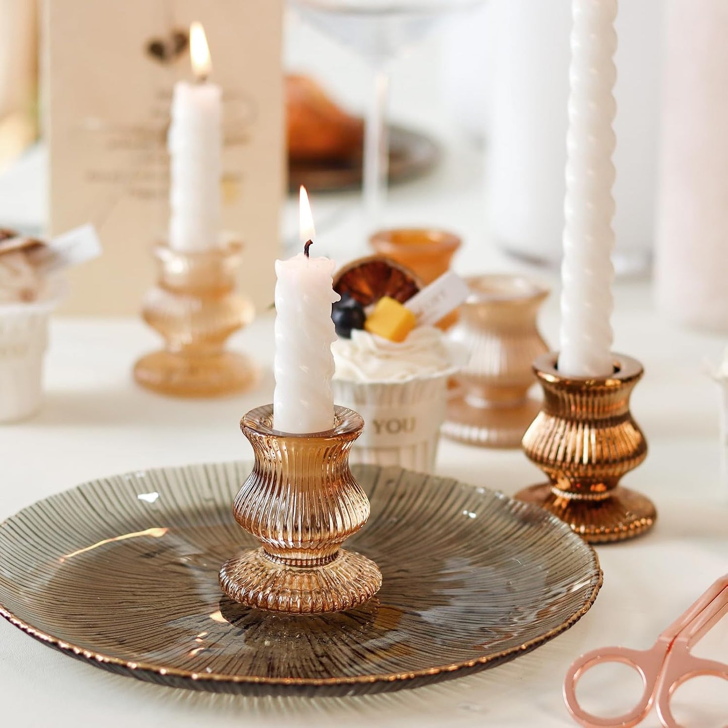 WDHODEC Gold Candlestick Holders 12PCS Glass Taper Candle Holders for Table Centerpiece Colorful Candle Sticks for Wedding, Party and Festival Decoration