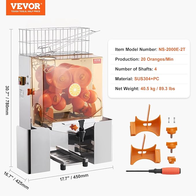 VEVOR Commercial Orange Juicer Machine, 120W Automatic Juice Extractor with Water Tap, Stainless Steel Orange Squeezer 20 Oranges/Minute, with Pull-Out Filter Box, PC Cover, 2 Peel Collecting Buckets