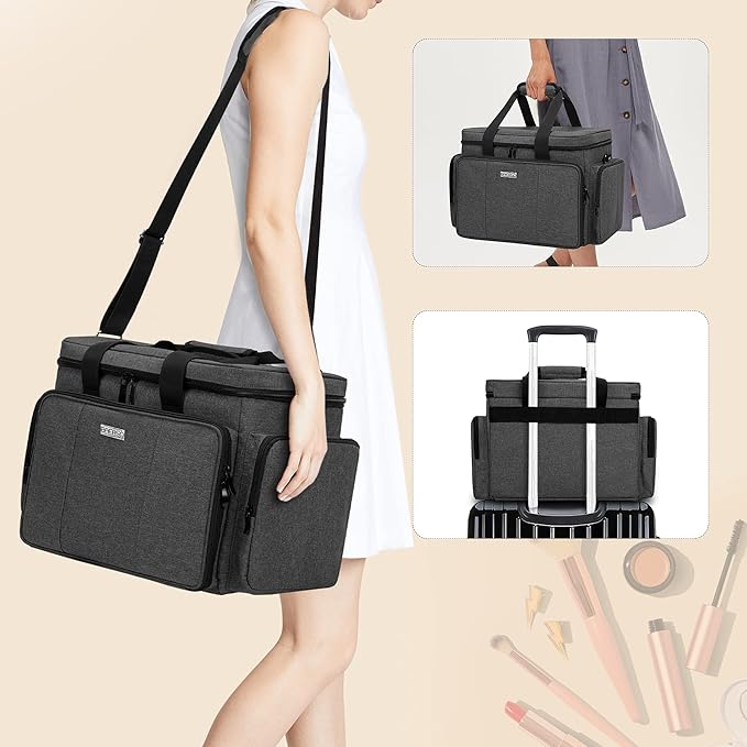 BAFASO Large Makeup Bag Cosmetic Bag with Removable Dividers, Travel Makeup Case Holds Cosmetics and Hair Supplies, Black