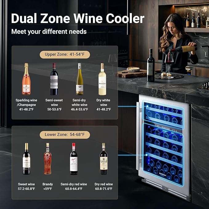 BODEGA 24 Inch Wine Cooler,56 Bottle Wine Refrigerator Dual Zone, Built-In and Freestanding Wine Fridge,with Quick and Silent Cooling System for Red, Rose and Sparkling Wines,Stylish Look
