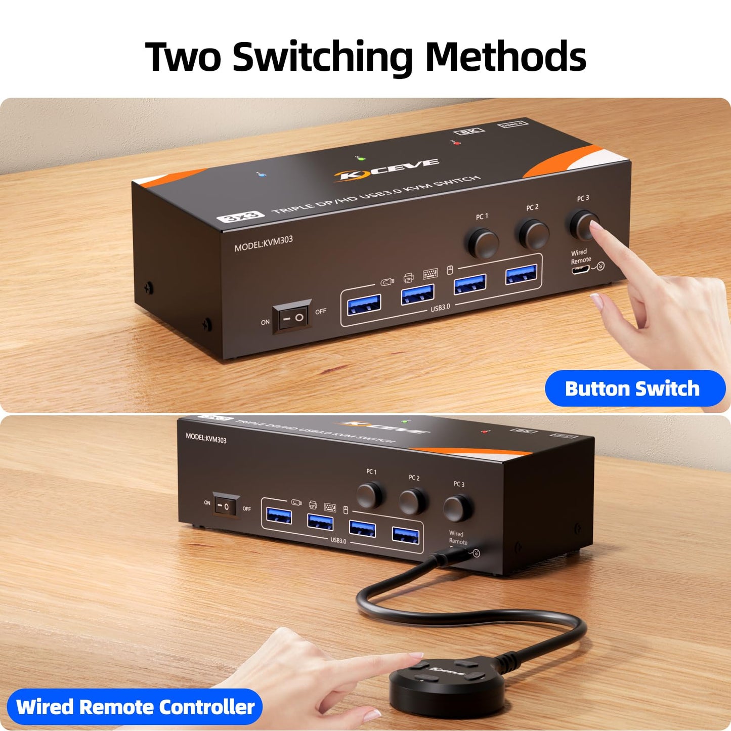 KVM Switch 3 Monitors 3 Computers 8K@60Hz/4K@120Hz, HDMI DP KVM Switches for 3 PC Sharing Triple Monitor and Keyboard Mouse with Power Adapter, Wired Extend Controller and USB3.0 Cables