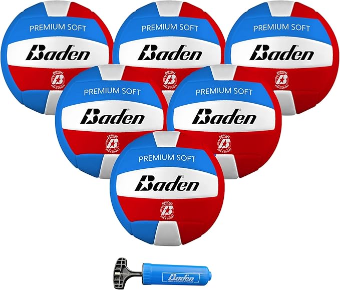 Baden Premium Soft Synthetic Leather Official Size & Weight Outdoor Volleyball 6 Pack with Pump