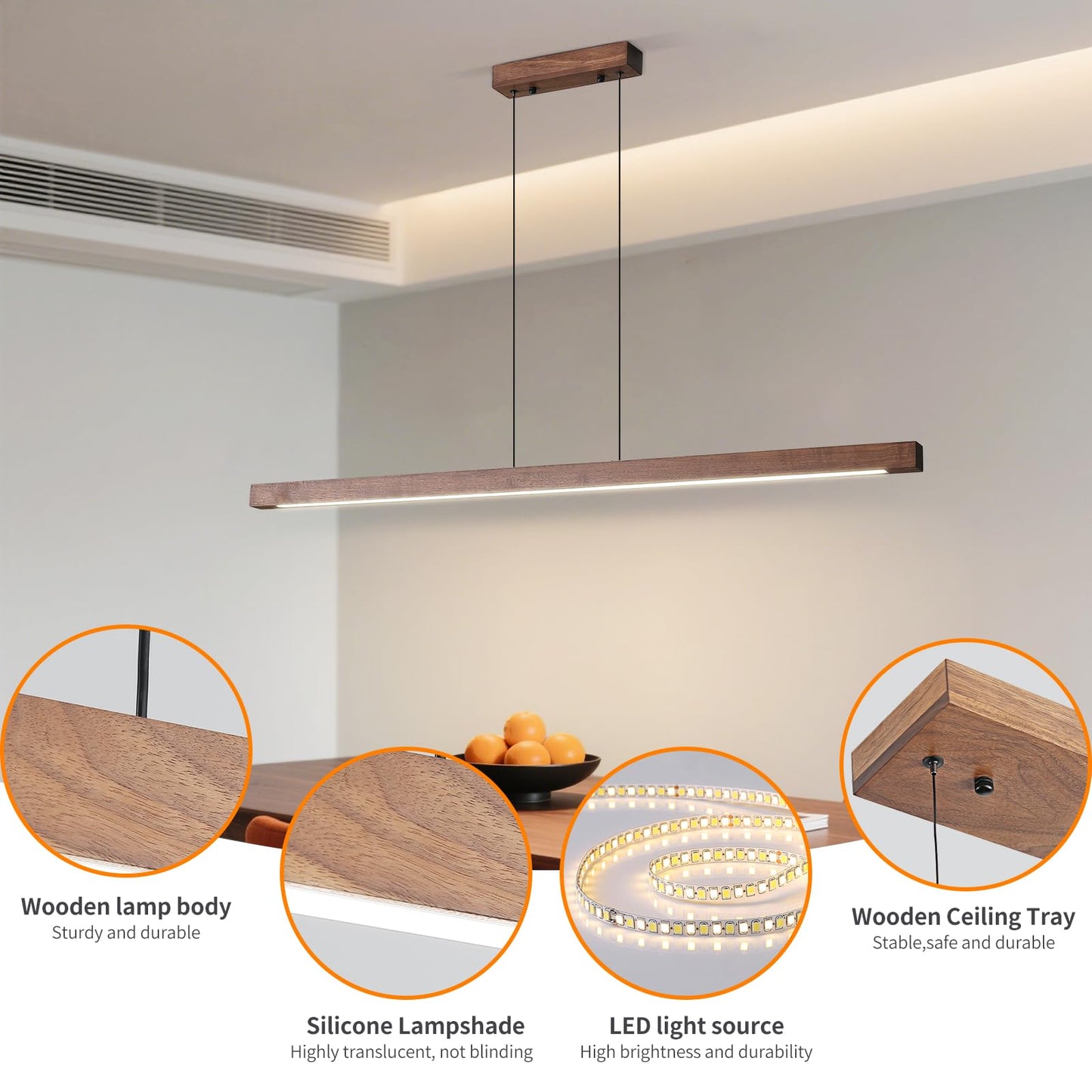 Mikeru Modern Wooden Pendant Light, 47IN Walnut Chandelier, Aluminum, Remote Control, Adjustable Color Temperature