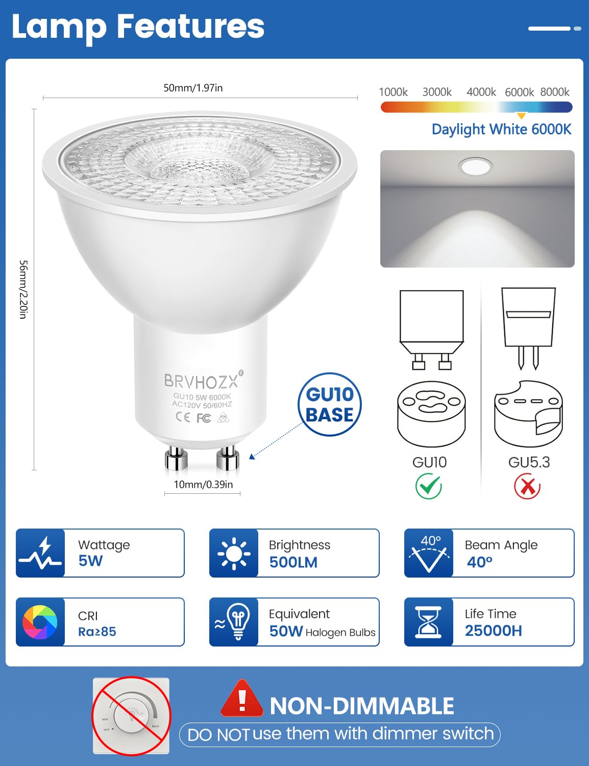 Brvhozx Gu10 Led Bulbs  6000K Daylight White  5W  500Lm Led Spotlight Bulb  Equivalent To 50W Halogen  No Flicker  Non-Dimmable  40 Beam Angle  120V  Base Gu10 Light Bulbs For Home Lighting-10Pcs