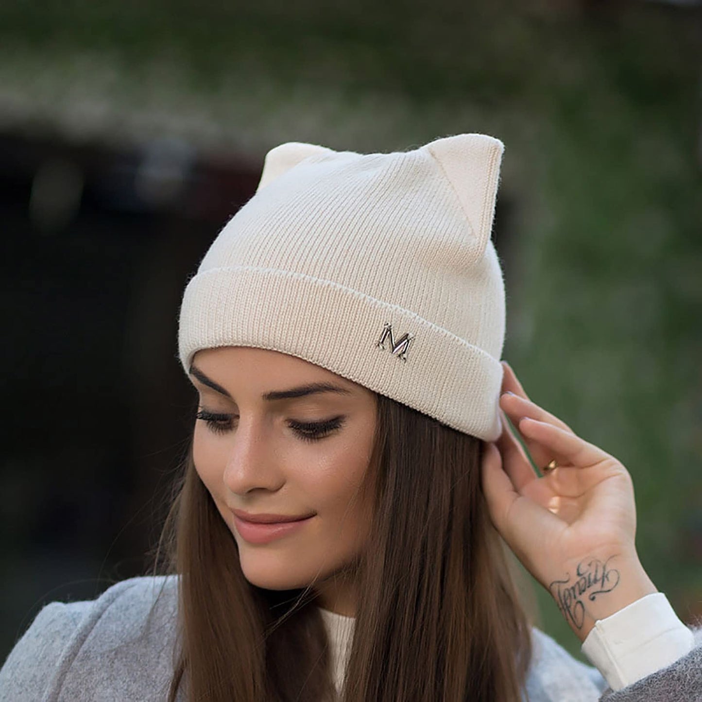 LUCKYBUNNY Cat Ear Beanie for Women Girls, Autumn Winter Knit Cuff Beanie Hip Hop Beanie Hat Cat Crochet Ski Cap White