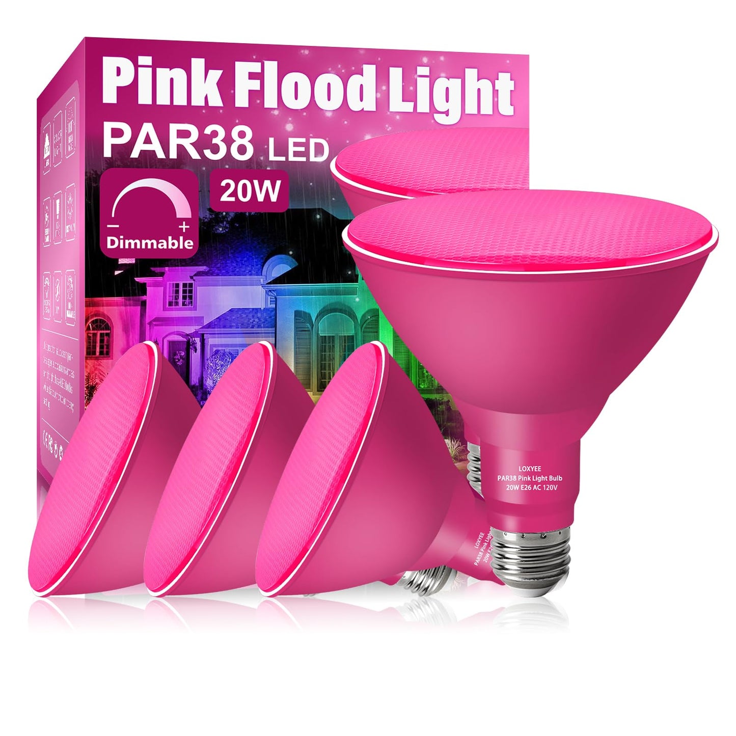 LOXYEE PAR38 Flood Light Bulb, Dimmable, E26 Base, 20W Equivalent, 4 Pack, Pink