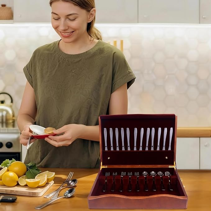 Silverware Storage Box,1 Layer Wooden Silverware Chest with Drawer,Silverware Case with Handle and Felt Lined,15.35" x 11.41" Flatware and Utensil Organizer for Kitchen,Black(Flatware Not Included)