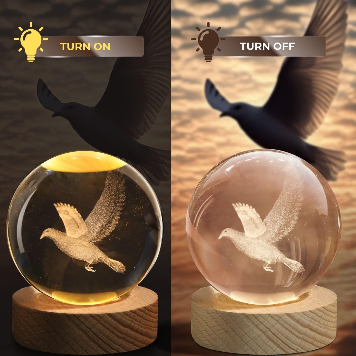 Flexzion 3D Bird Crystal Ball Night Light - Led Light Hologram Glass Lamp W/Solid Wood Base  Usb Powered Crystal Ball Lamp W/Adjustable Brightness For Home Decor Display Gift  3.15 Inch (80Mm)