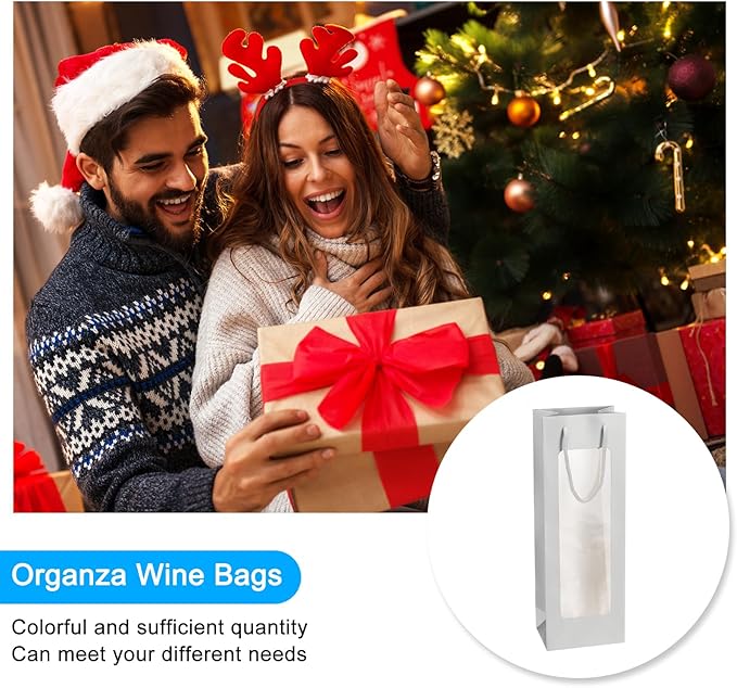 uxcell Wine Bags, 12pcs 4.92"x3.35"x14.2" Wine Gift Bags with Rope Handles, Paper Wine Tote Bag with Clear Window for Wedding Birthday Christmas Party Supplies, Silver