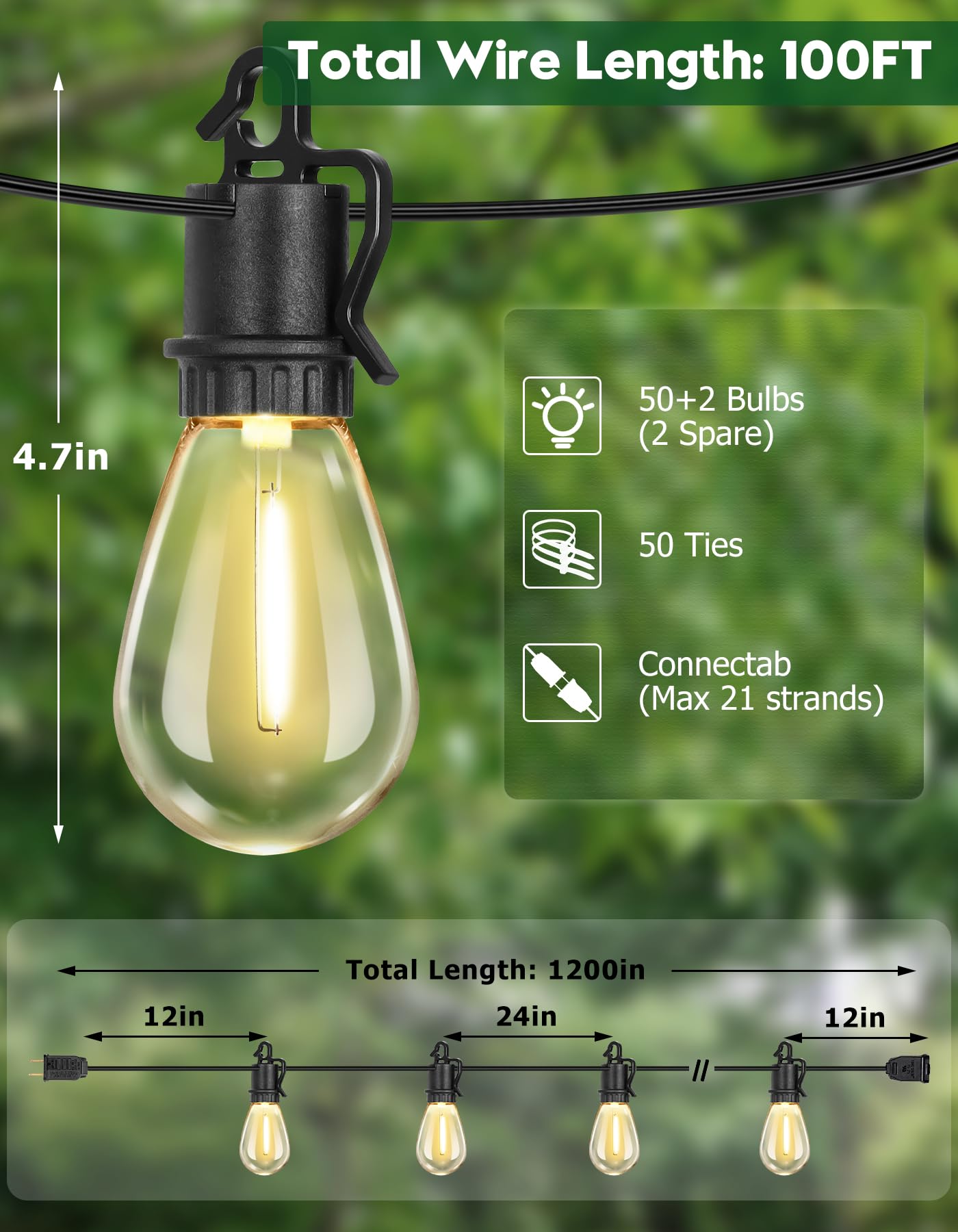 TDLOL Outdoor String Lights, 100FT with 52 Shatterproof S14 Vintage Bulbs, Dimmable, IP55 Waterproof, GYPC-O50LAU