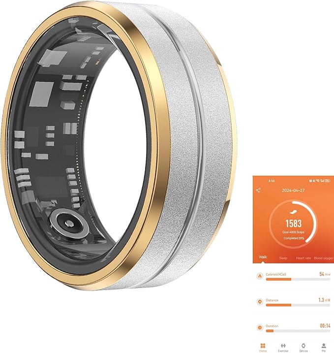 GenXenon Fitness Tracker Smart Ring,Step Counter,Heart Rate Blood Oxygen Sleep Tracker Health Ring, 6ATM Waterproof Long B...