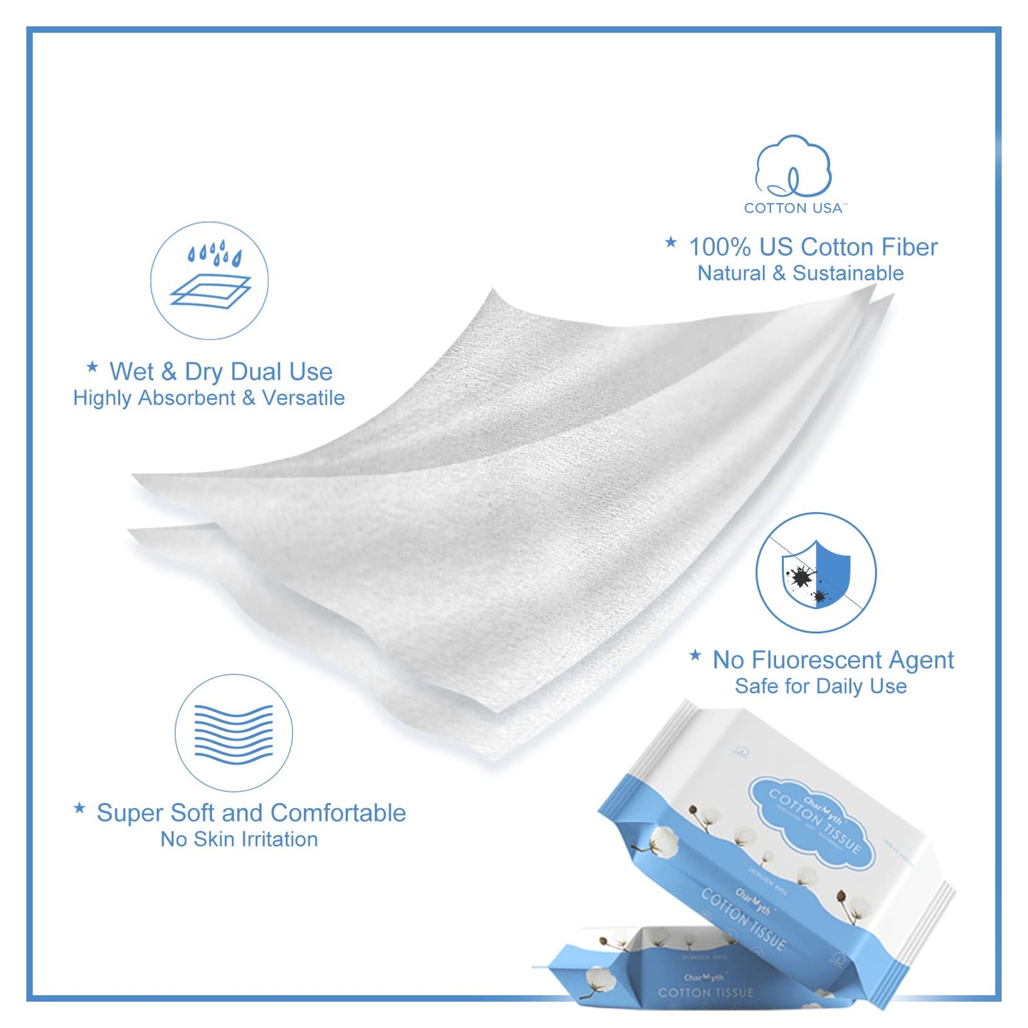 Charmyth Extra Thick Disposable Face Towel, Disposable Makeup Removing Wipes, 100% USA Cotton and 100% Organic & Cruelty Free, L