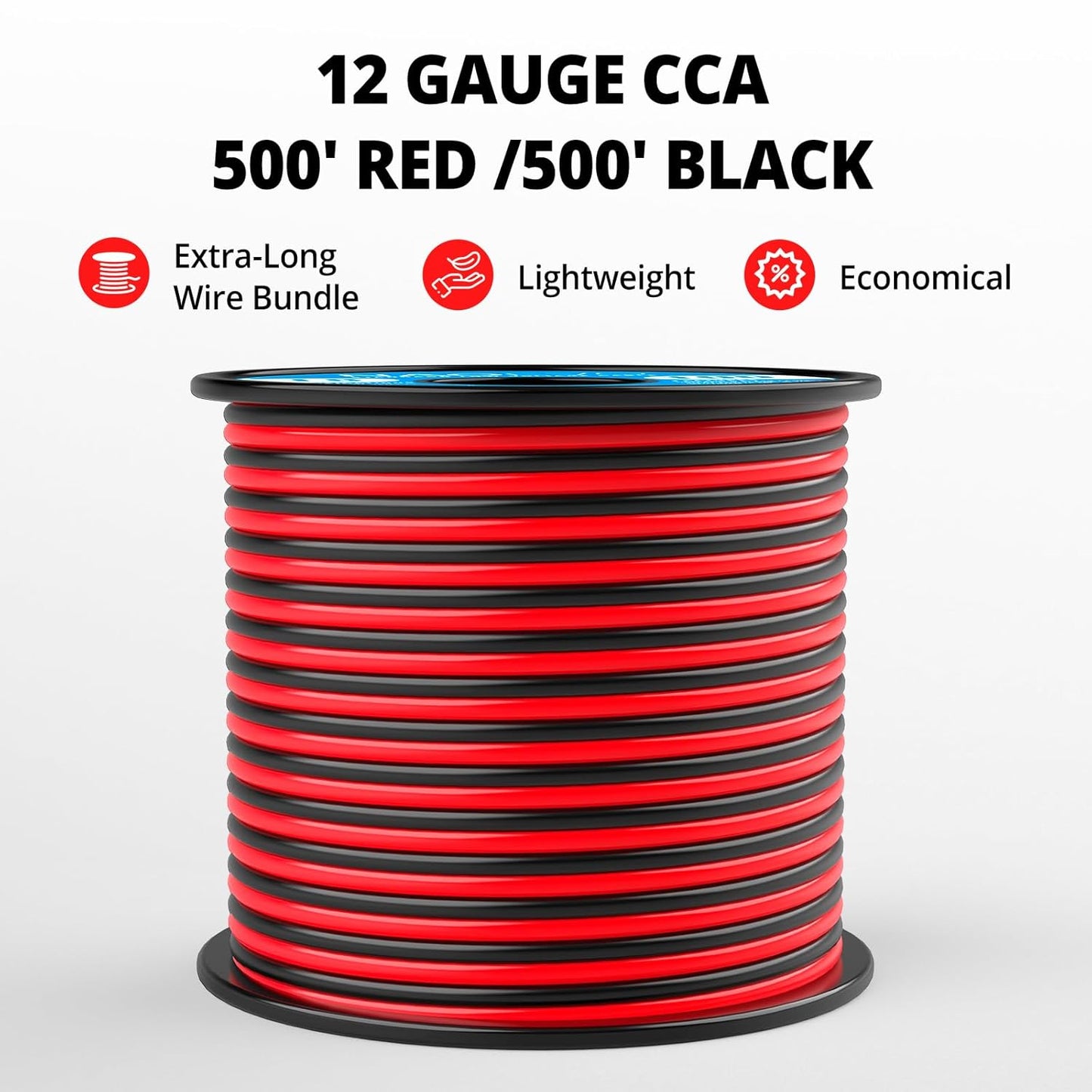 NAOEVO 12 Gauge Wire 500FT, 2 Conductors Electrical Wire Red Black Cable, Flexible/Low Voltage/PVC 12 AWG Copper Clad Aluminum Extension Cord for Speaker, LED Strips, Automotive 12V/24V DC