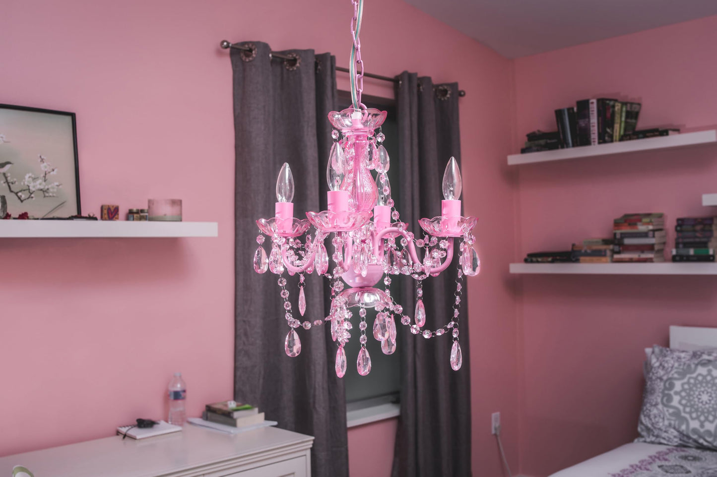 Gypsy Color 4 Light Pink Hardwire Flush Mount Chandelier, Acrylic Crystals, Metal Frame, H17.5”Xw15”, Model Rv-Rsw5-Nmbe